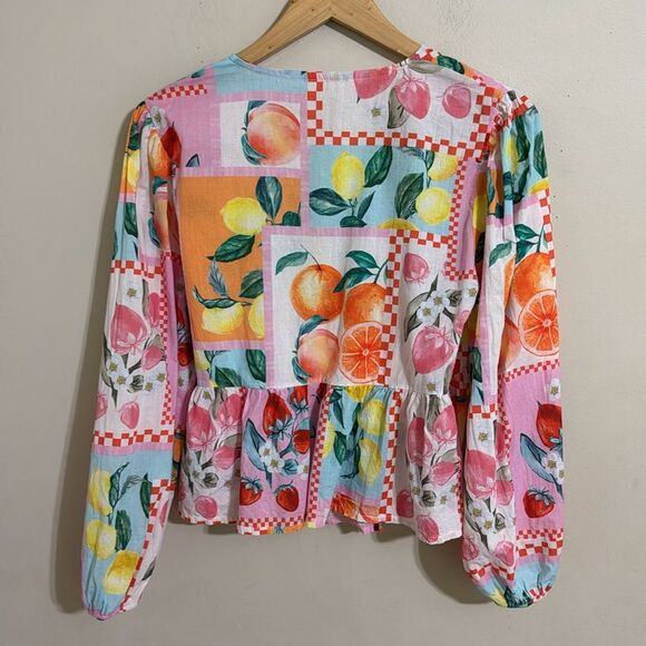 Made in Italy Fruit Print Cotton Wrap Top size S Artsy Colorful Maximalist Cute - Picture 3 of 8